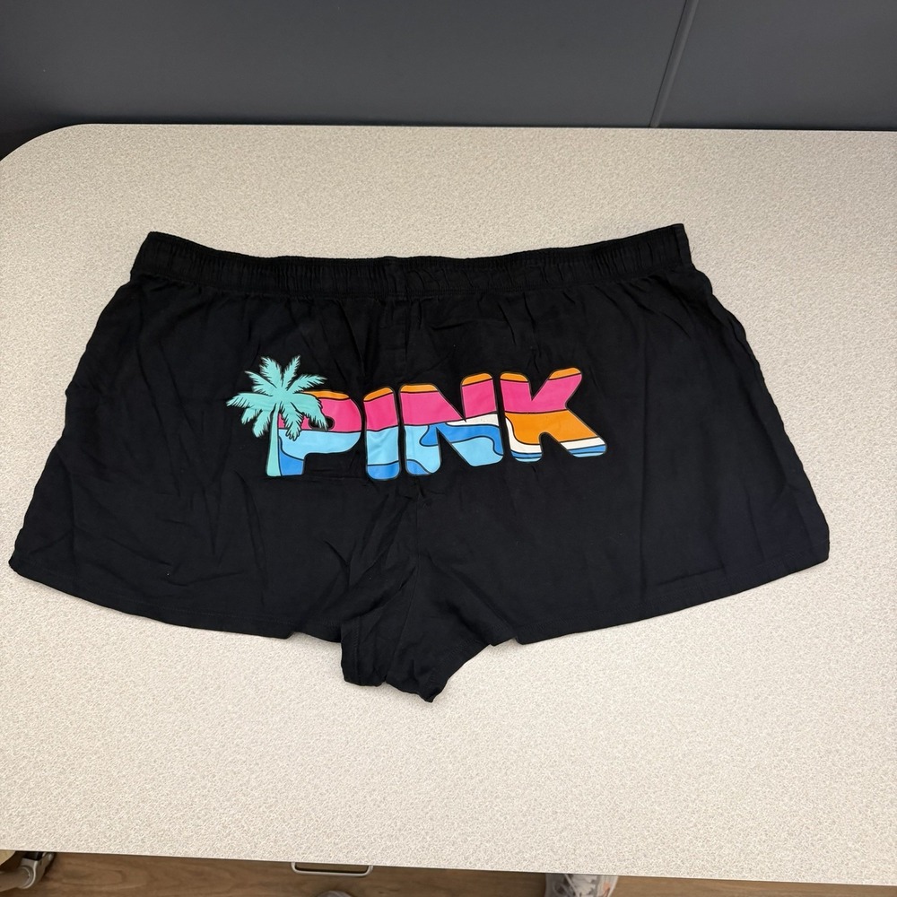 Victoria's Secret Pink Shorts Womens XXL Black Palm Tree Beach Logo Lounge PJs